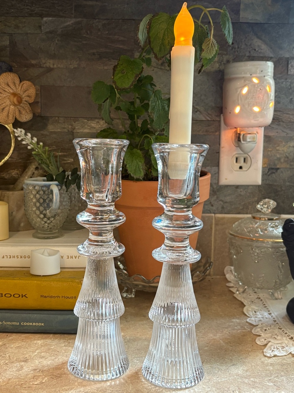 Hobby Lobby Clear Glass Candlestick Holders 9.25” Ribbed Taper Candle Pair